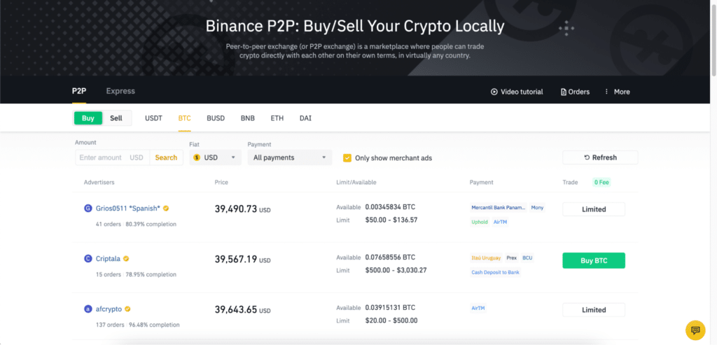 Binance P2P Interface