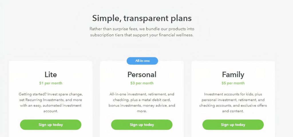 Acorns offer built-in subscription bundles or portfolios to their members: lite, personal, family