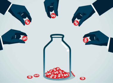 Concept of investing: people put coins in the jar