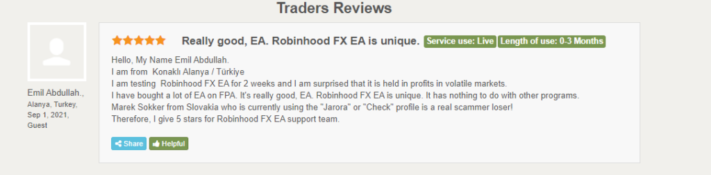 User review for  Robinhood FX EA on Forexpeacearmy