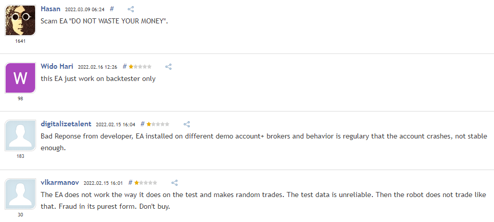 User reviews on MQL5